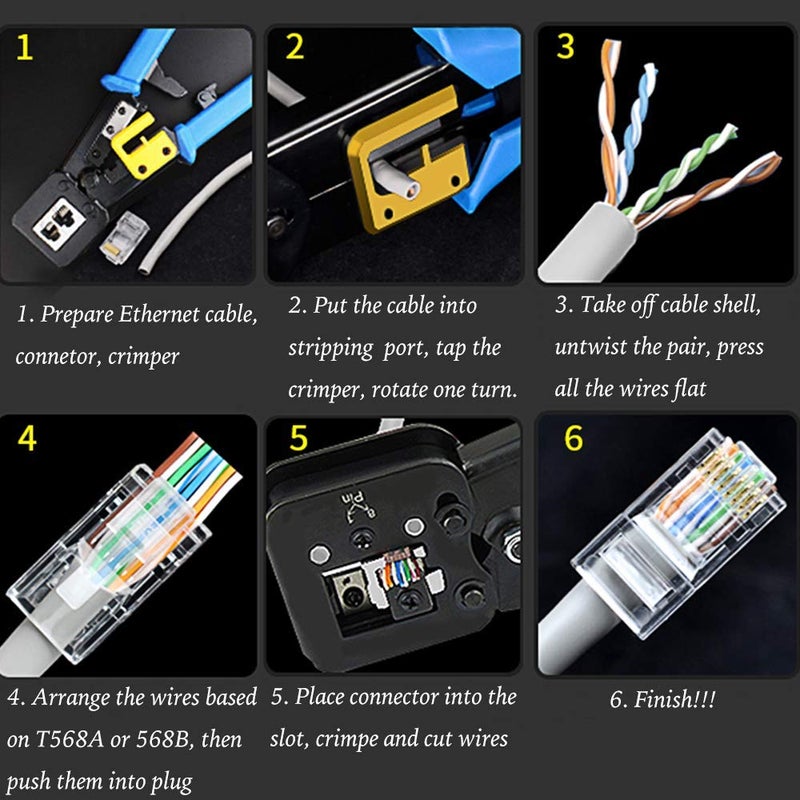 PETECHTOOL أداة تجعيد RJ45 لأداة تجعيد إيثرنت لـ Cat6 Cat5 Cat5e RJ45 تمر عبر الموصلات ونهايات RJ12 تأتي مع 20 قطعة موصلات RJ45 Cat6 وشفرة بديلة - Image 5